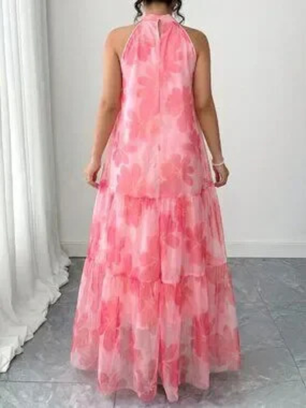 Pink Casual Women's Plus Size Elegant Woven Sleeveless Floral Dress